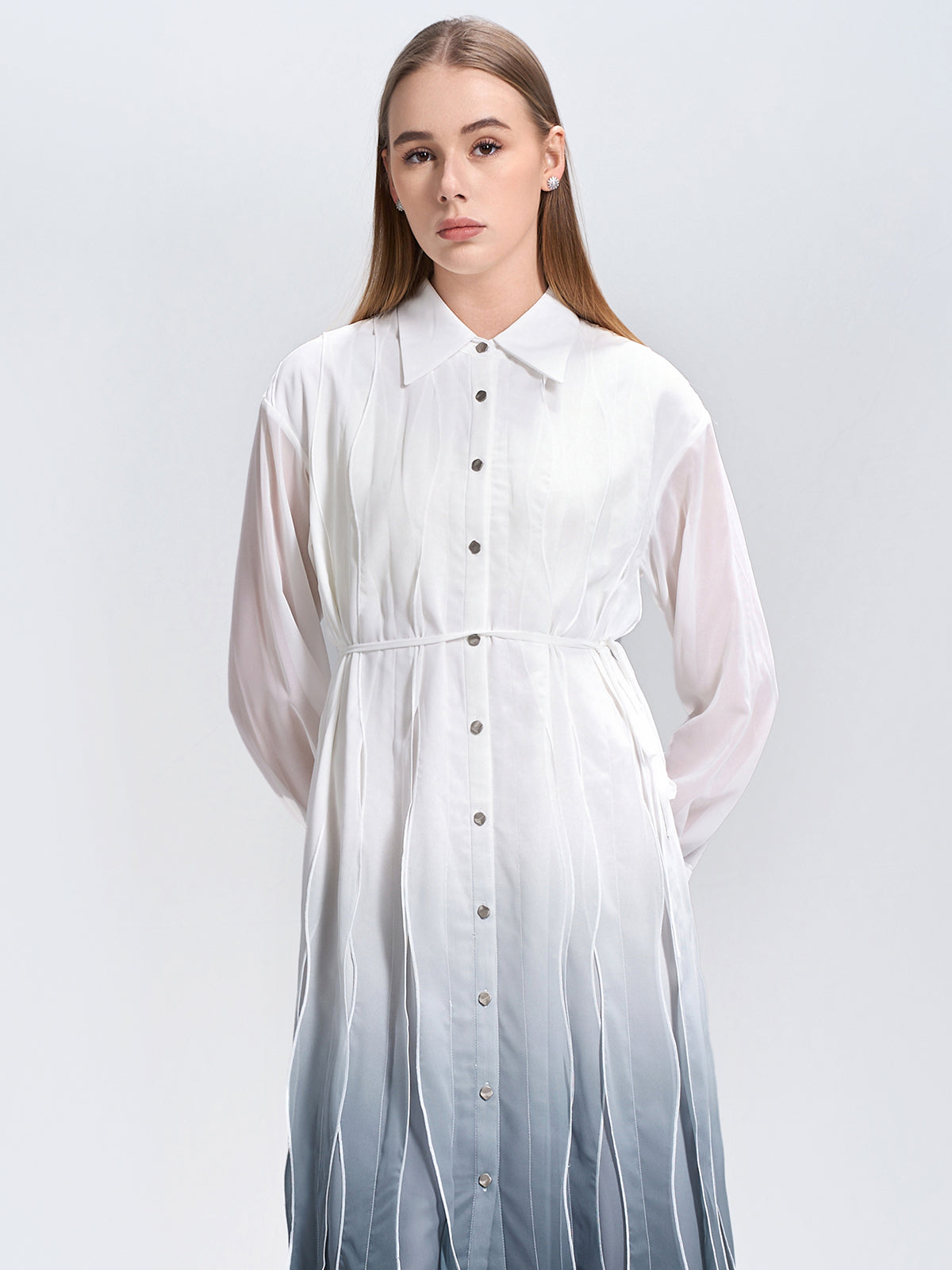 S·DEER button-up shirt dress with ombre pleats, featuring a gradual color transition from white to deep blue. Ideal for casual gatherings or office wear with a chic and modern touch