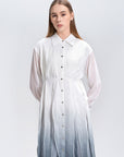 S·DEER button-up shirt dress with ombre pleats, featuring a gradual color transition from white to deep blue. Ideal for casual gatherings or office wear with a chic and modern touch