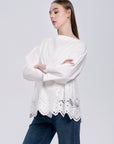 White Boho cutout long sleeve blouse with back keyhole detail