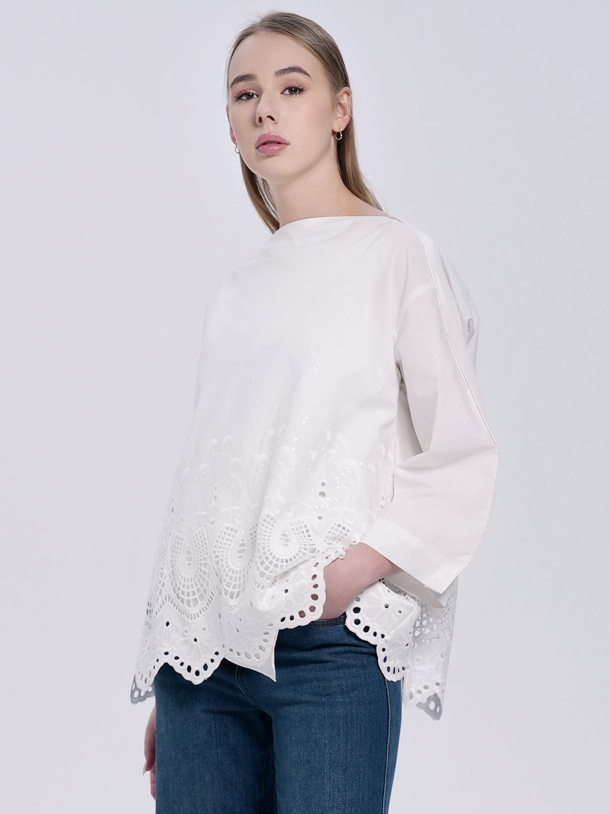 White Boho long sleeve blouse with cutout design detail