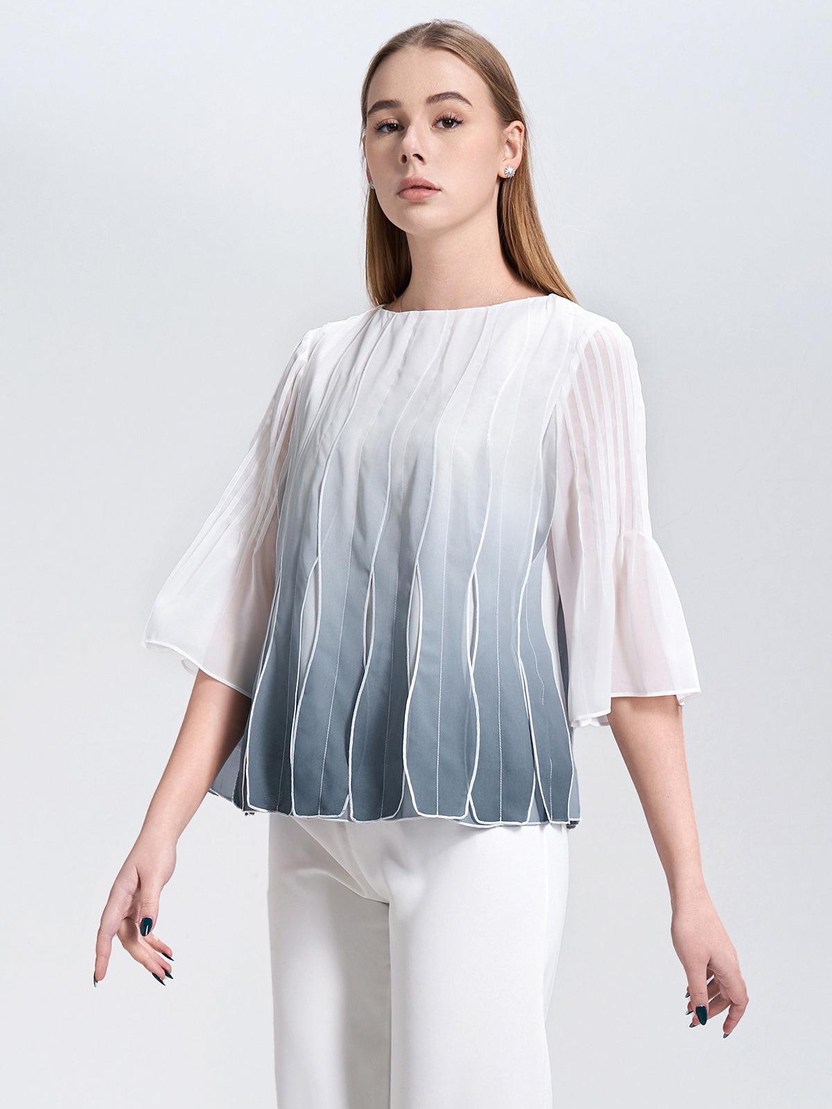 Round Neck Tiered Chiffon Blouse