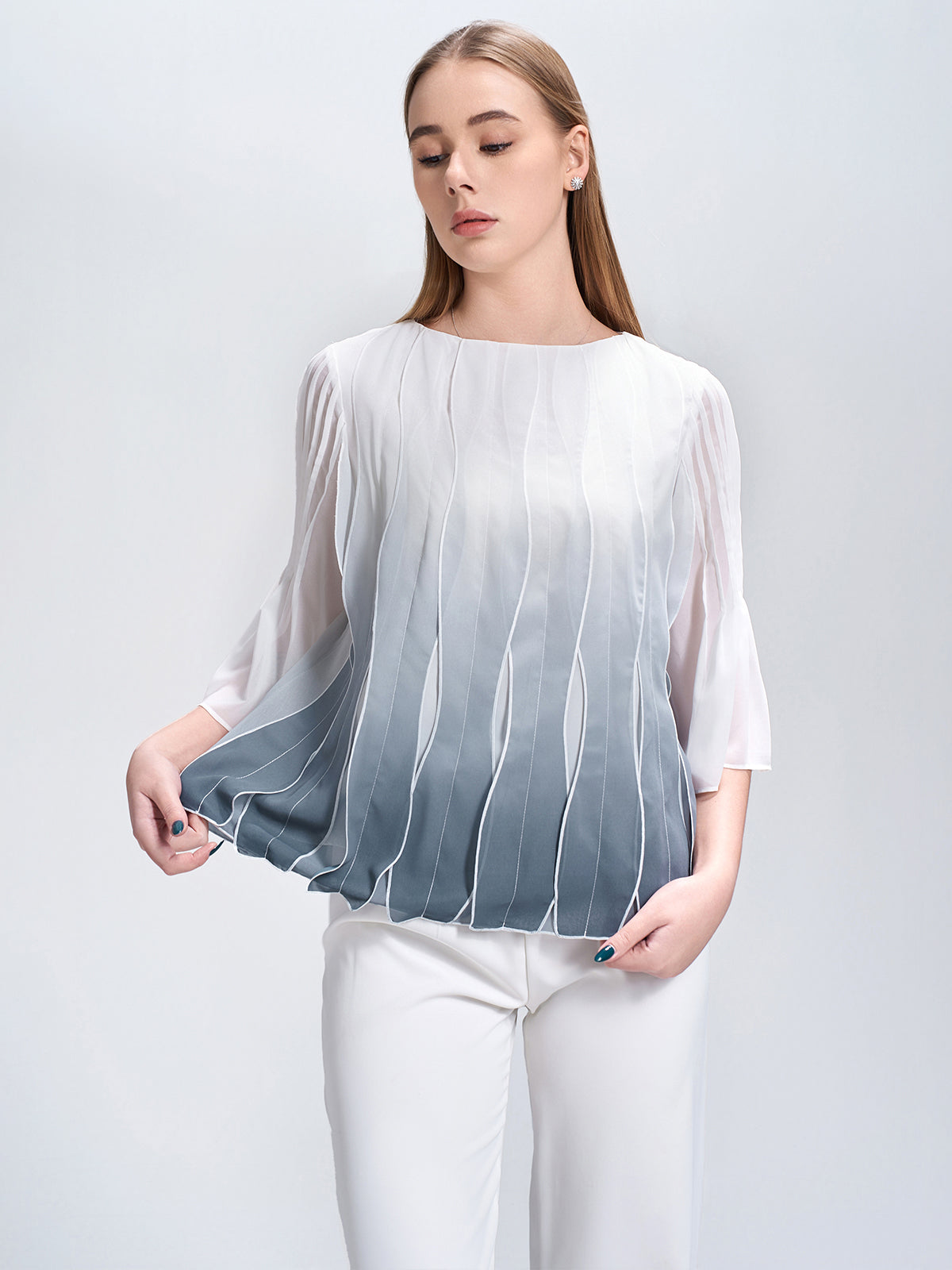 Round Neck Tiered Chiffon Blouse