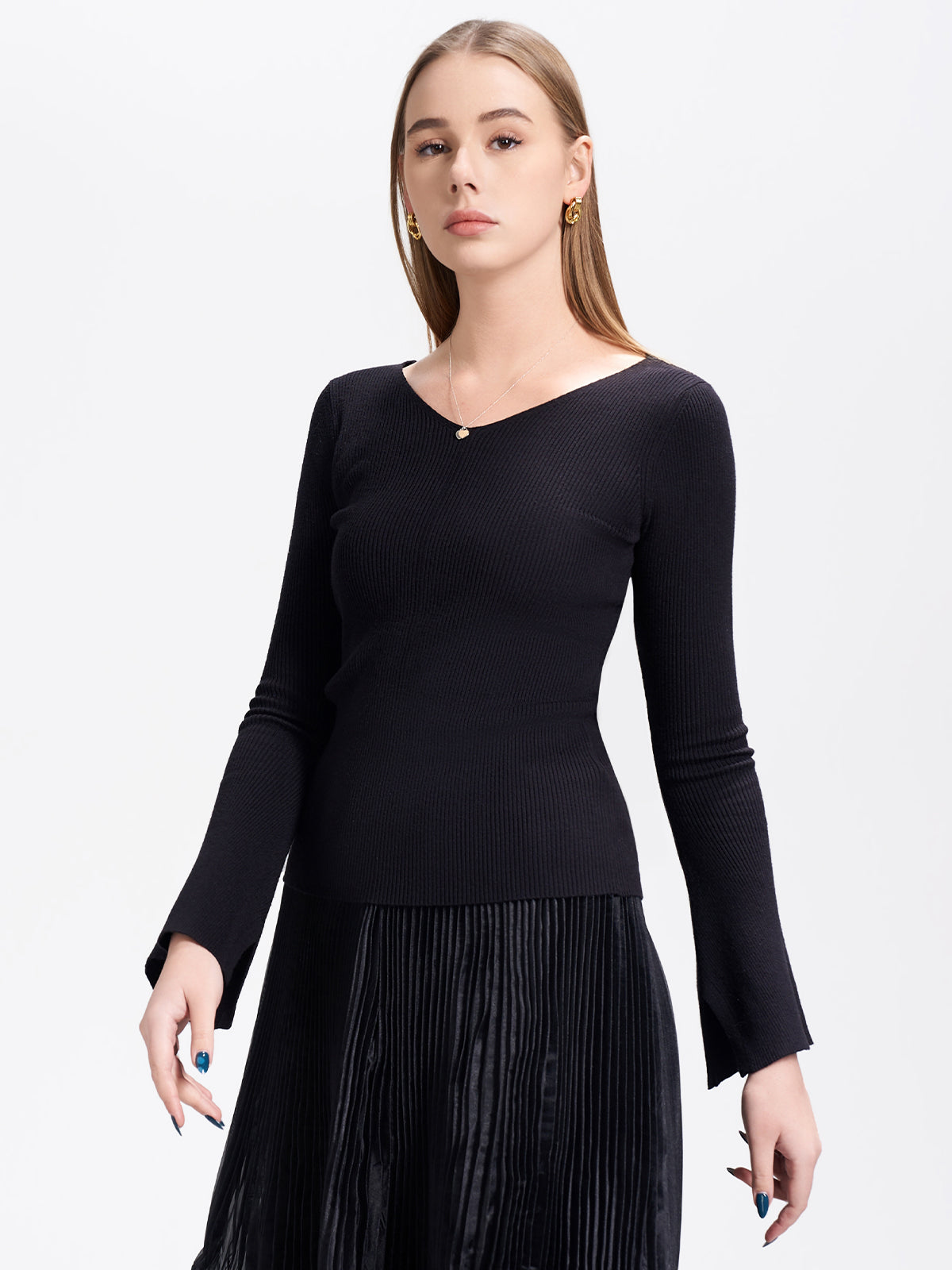 Ribbed Bell Sleeves Sweater