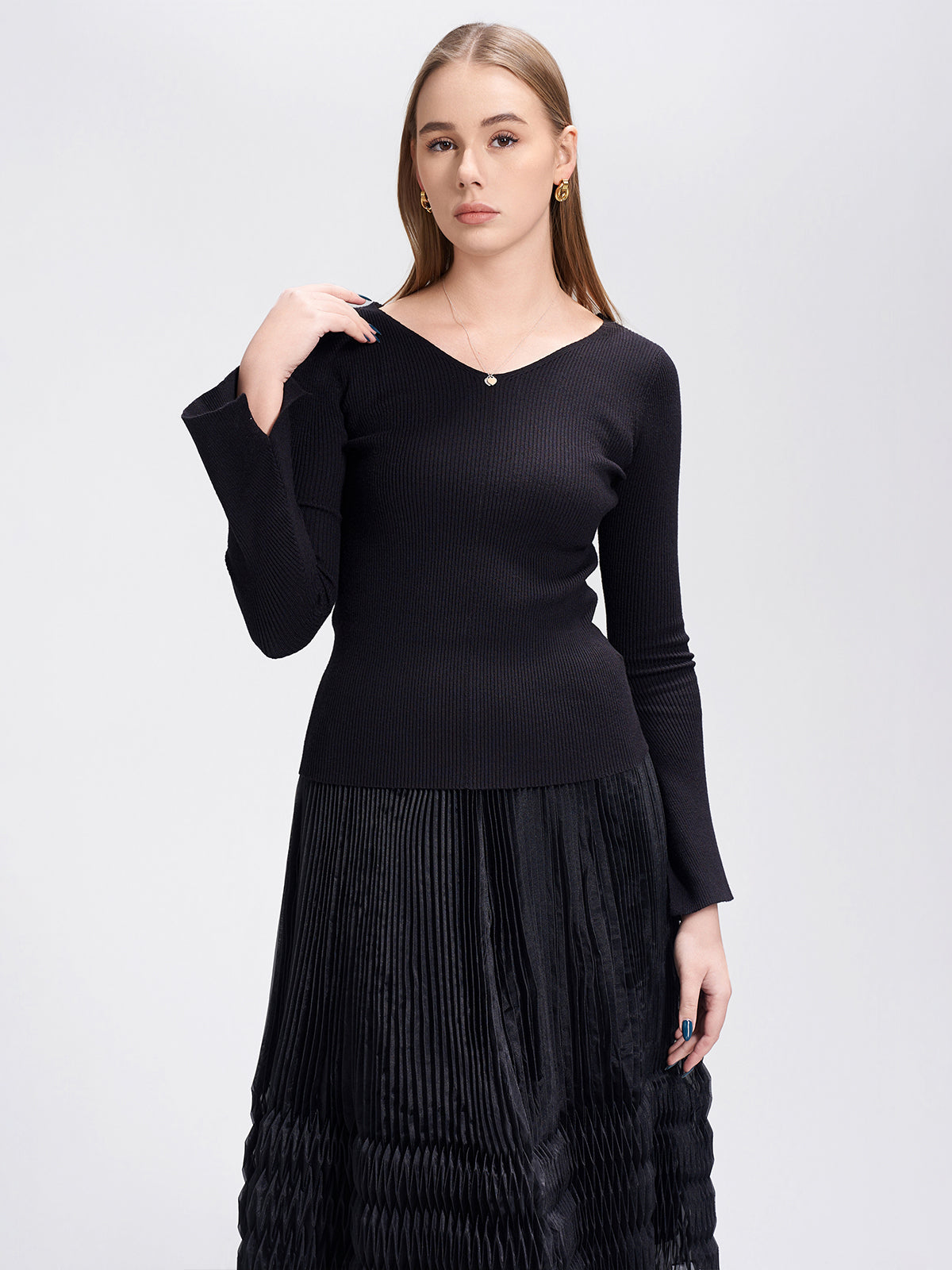 Ribbed Bell Sleeves Sweater